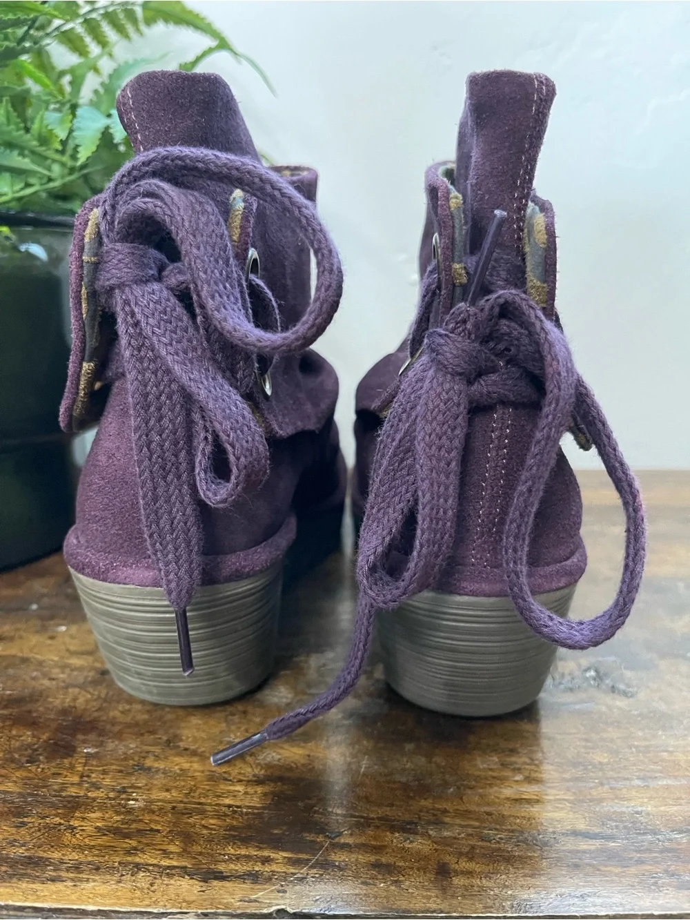 Fly London Rich Plum Suede Wedge Bootie EUC
